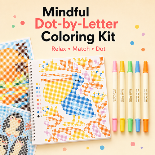 🎨Dot-By-Letter Mindful Coloring Kit - Stress Relief Dot Marker Art Set with 10 Vibrant Colors & 20 Hidden Scene