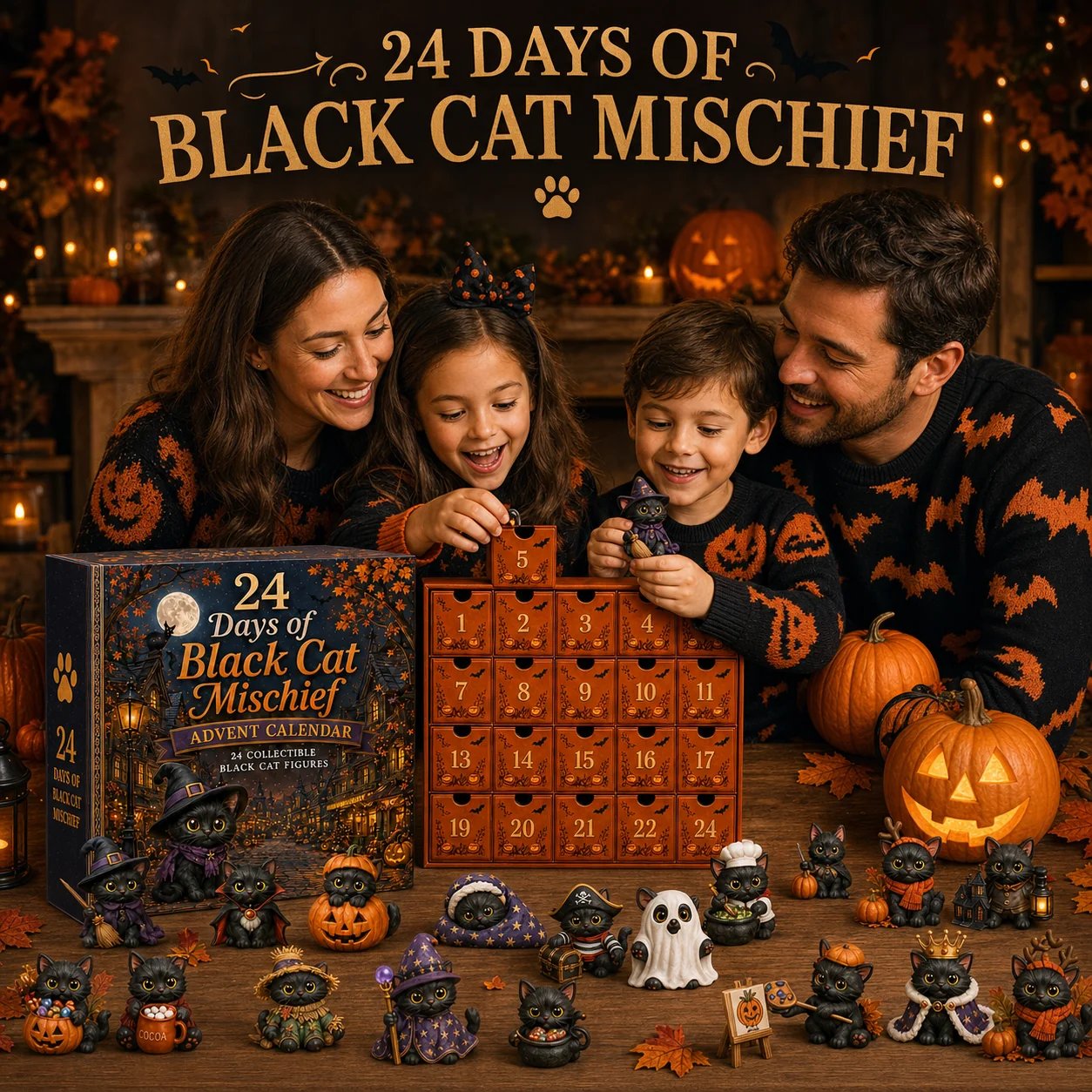 🐈‍⬛ 24 Days Of Black Cat Mischief Advent Calendar | 24 Unique Halloween Cat Collectibles with Witch, Vampire, Ghost, Pumpkin & More 🎃