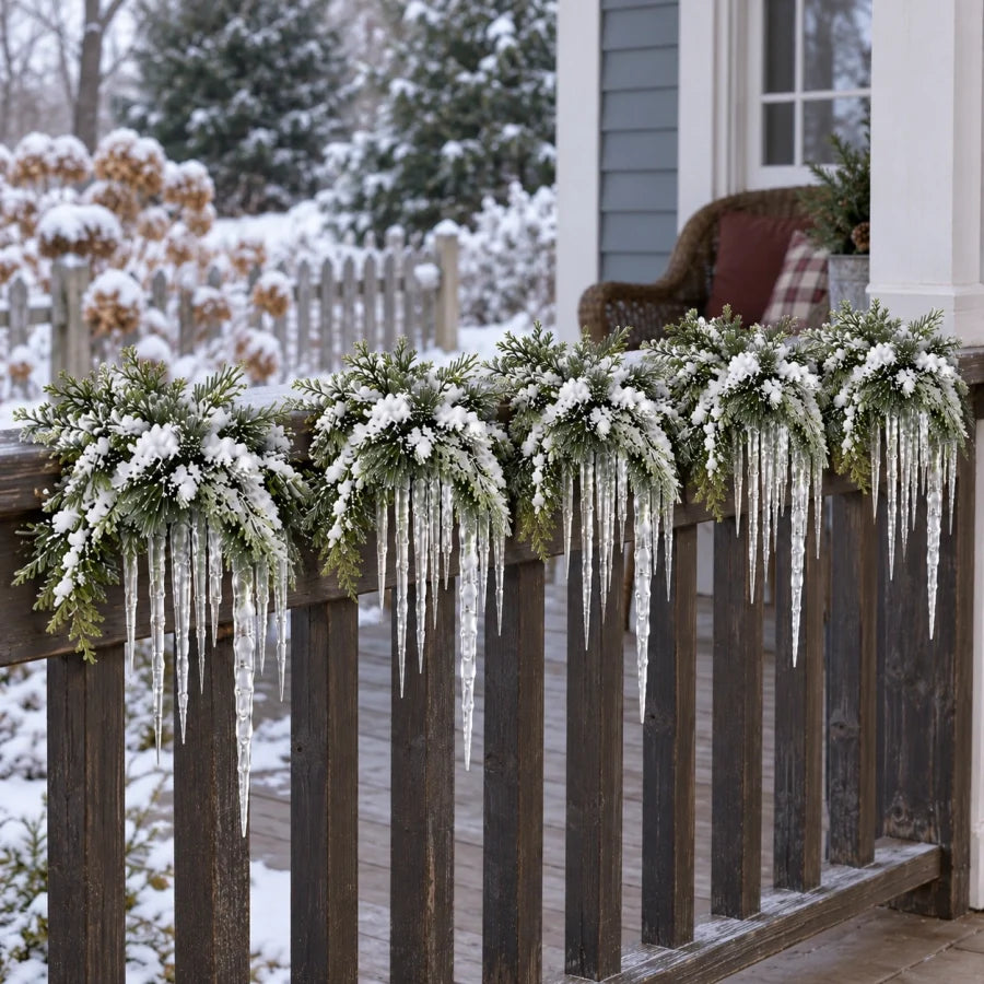 🎄 Snow-Frosted Cedar & Icicle Hanging Accent