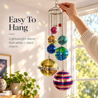🌈 Solar System Disco Ball Hanging Mobile – Colorful Reflective Celestial Room Decor，10*26in