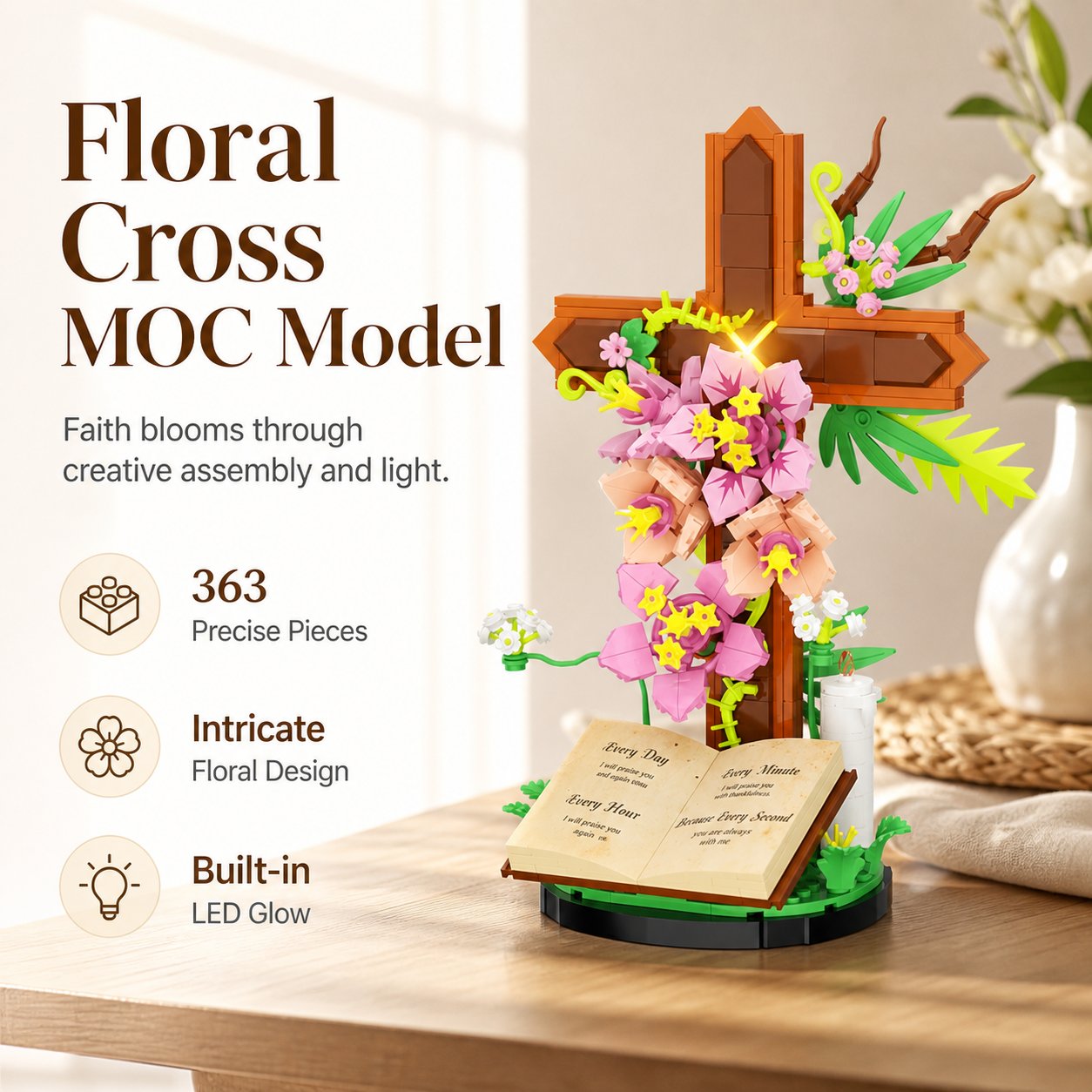 🌺💡 Illuminated Floral Cross Building Set – Peaceful DIY Book Display Decor