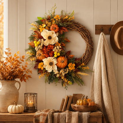 🎃 Fall Wreath for Front Door – Pumpkin, Sunflower & Autumn Floral Harvest Decor