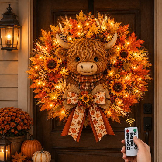 🍂🐮Autumn Highland cow wreath decoration with lights