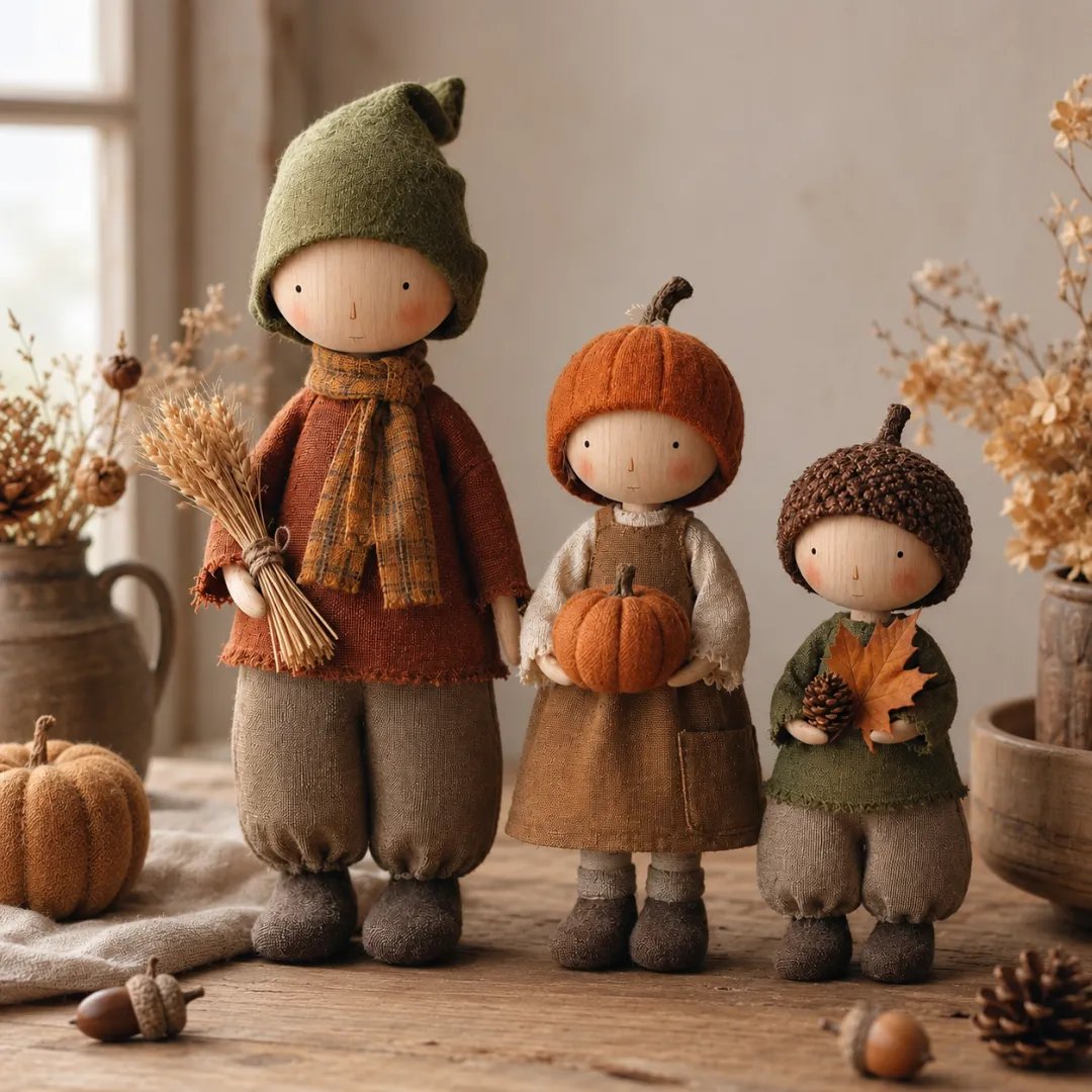 Set of 3 Rustic Fall Harvest Doll Figurines