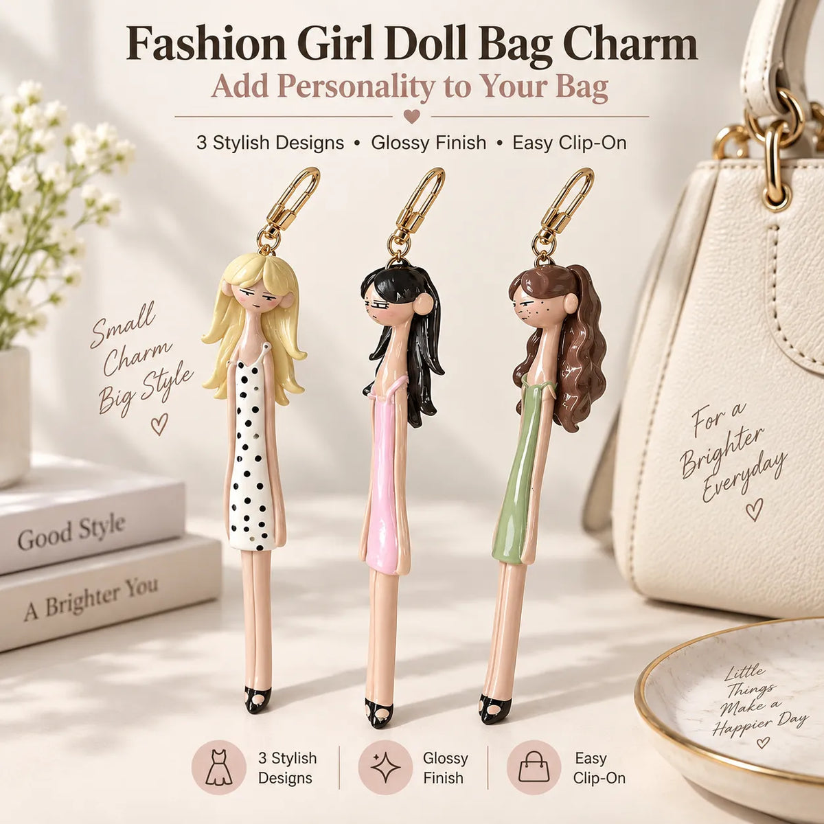 👜✨ Fashion Doll Bag Charms — 3 Stylish Designs to Add Personality to Your Favorite Bag!