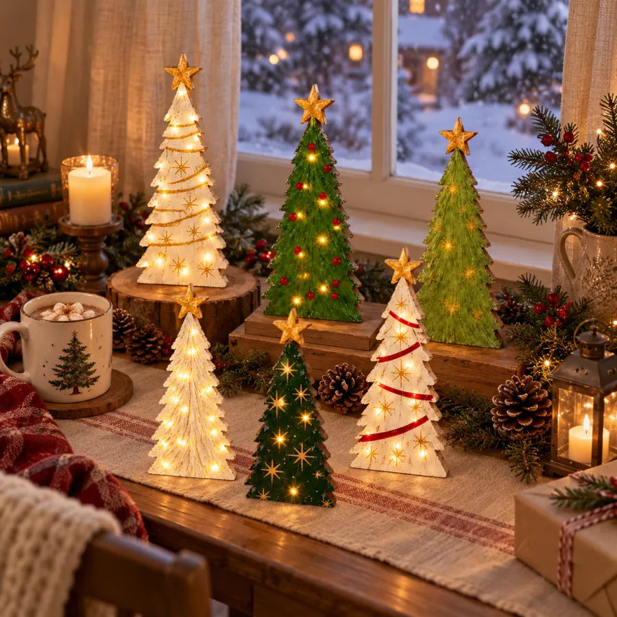 🎄Vintage Lighted Wooden Christmas Trees – Set of 6