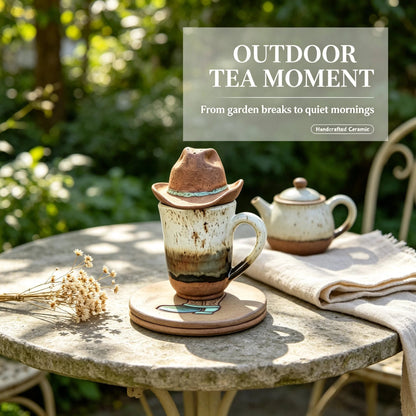 📍🤠 Cowboy Hat Ceramic Tea Mug Set | Western Handmade Cup with Hat Tea Strainer & Cowboy Boot Coaster, Rustic Farmhouse Gift