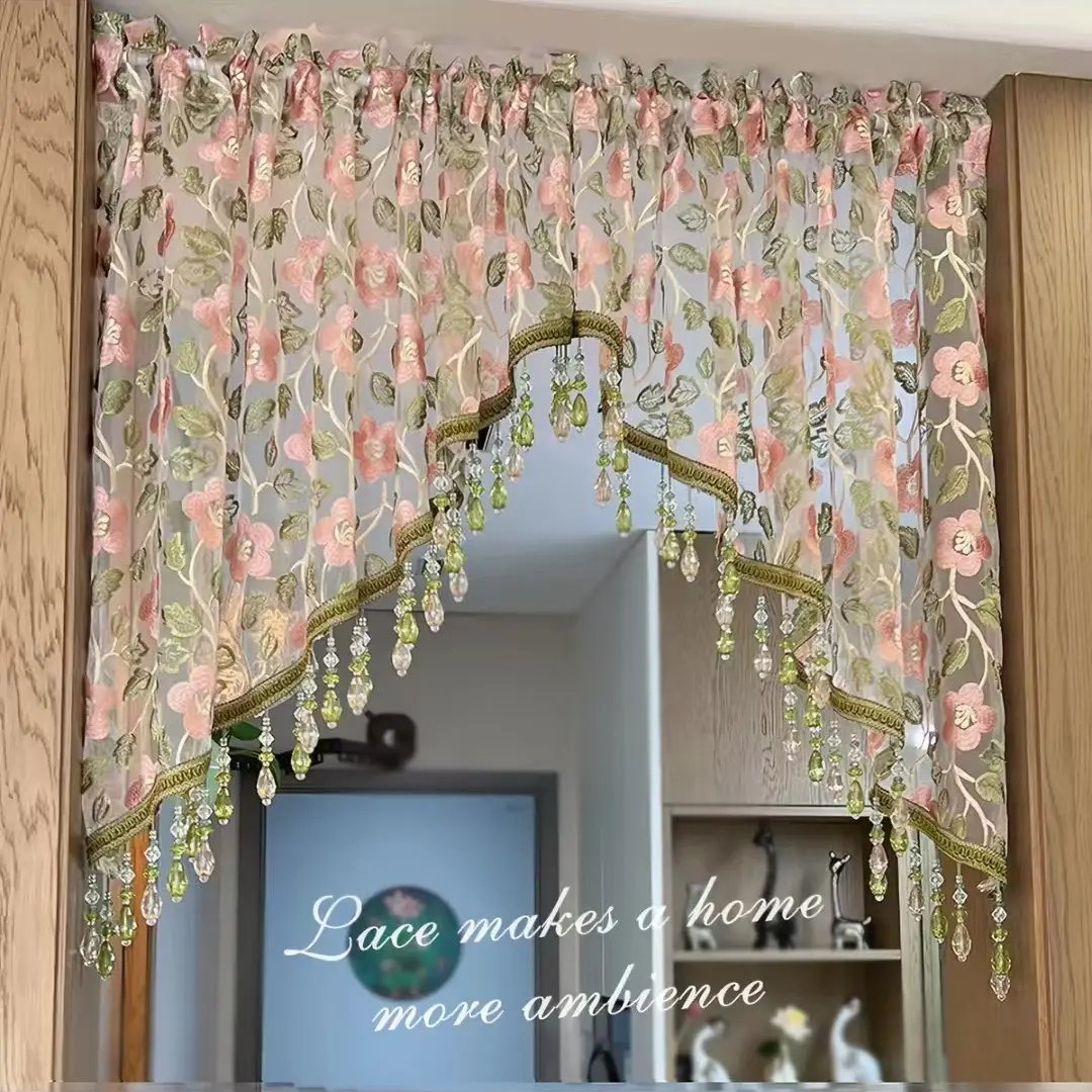 Embroidered Lace Doorway Curtain Set with Beaded Trim – 2 Panels