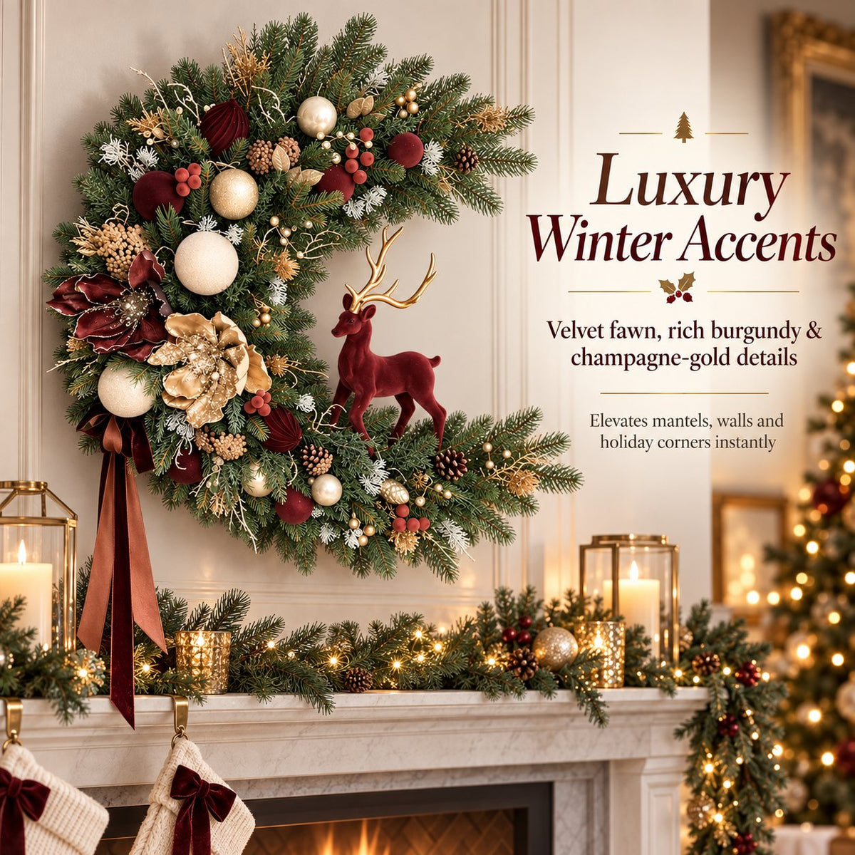 Luxury Velvet Fawn & Gold Accent Christmas Wreath