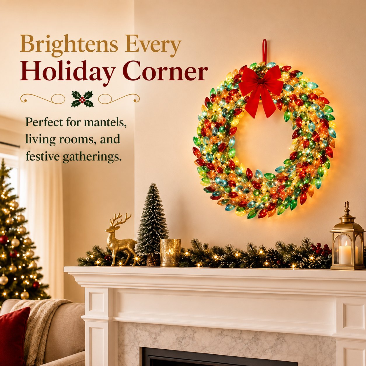 Multicolor Lighted Christmas Bulb Wreath