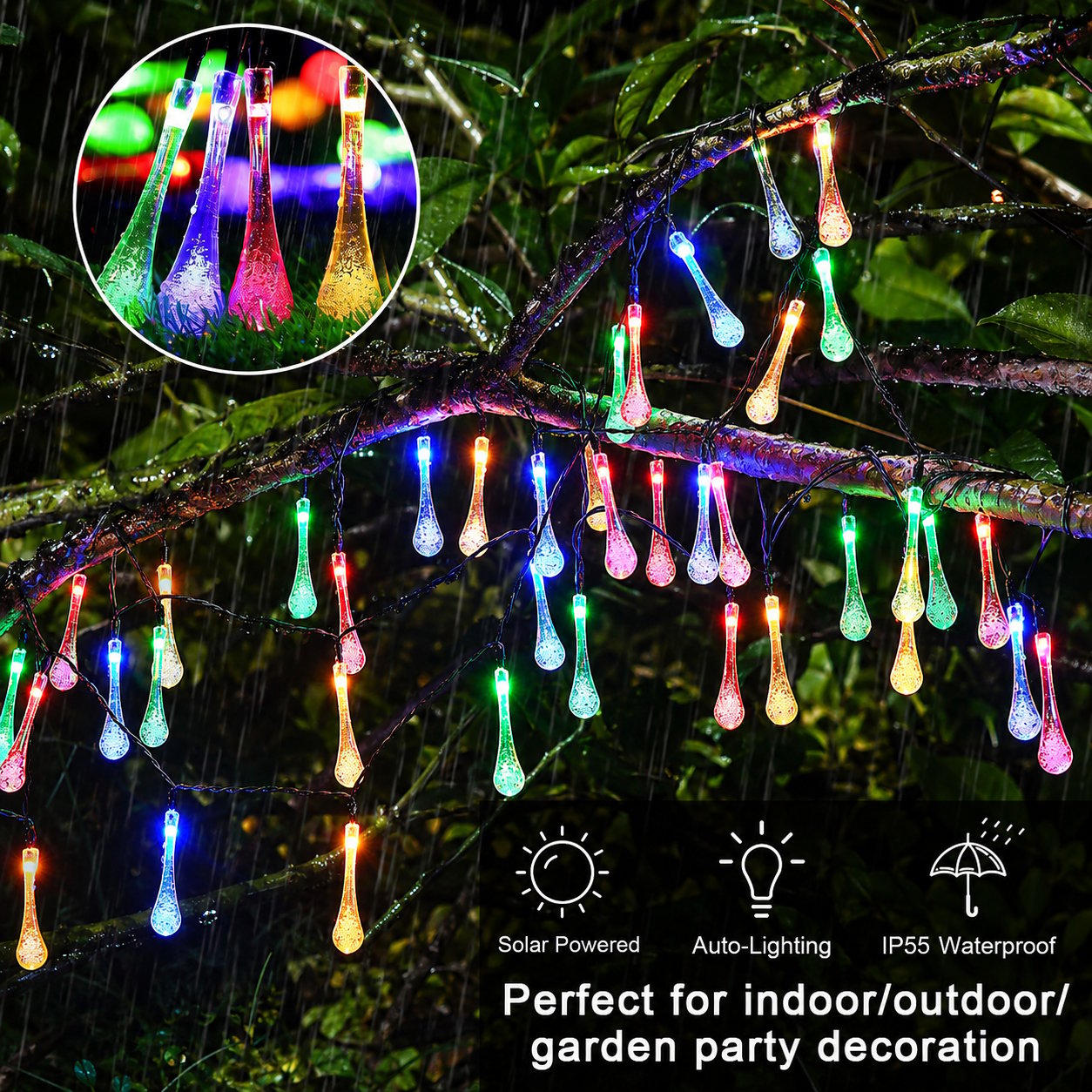 Solar Teardrop Bubble String Lights - 16.4 ft, 20 Multicolor Lights