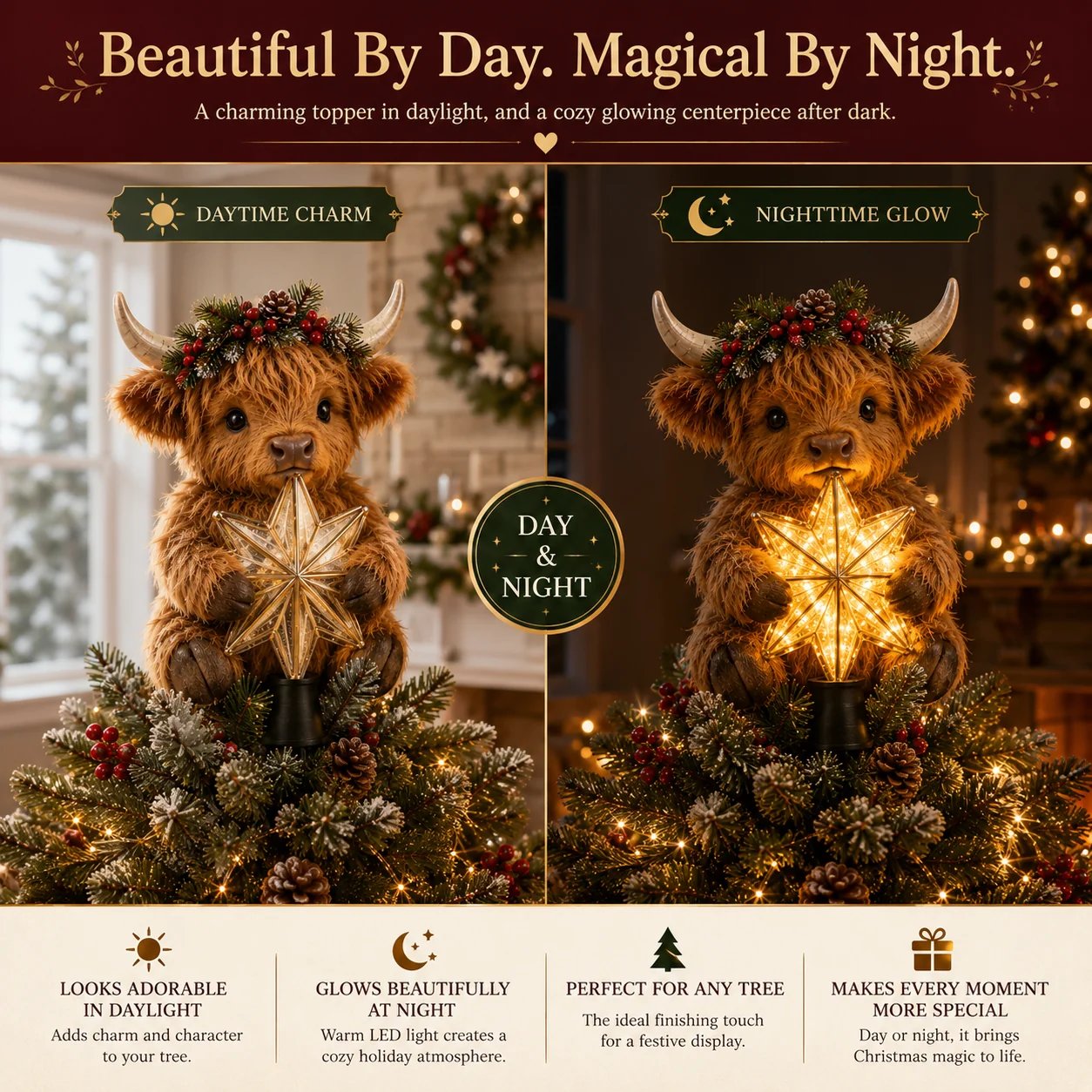 🎄Illuminated tree topper “Baby Highland cow with star”✨