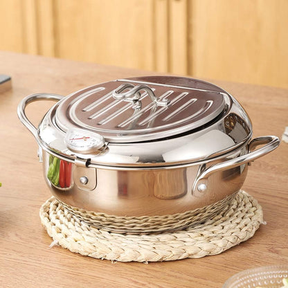 🍤🌡️ Japanese-Style Frying Pot – 304 Stainless Steel with Thermometer & Draining Basket