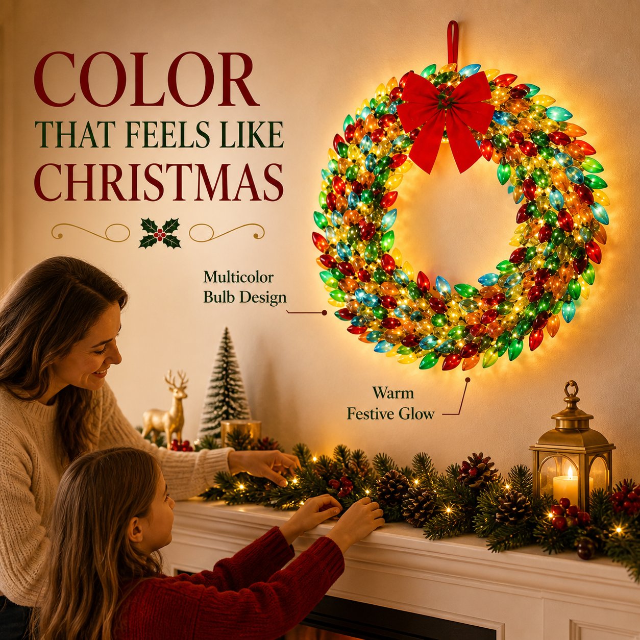 Multicolor Lighted Christmas Bulb Wreath