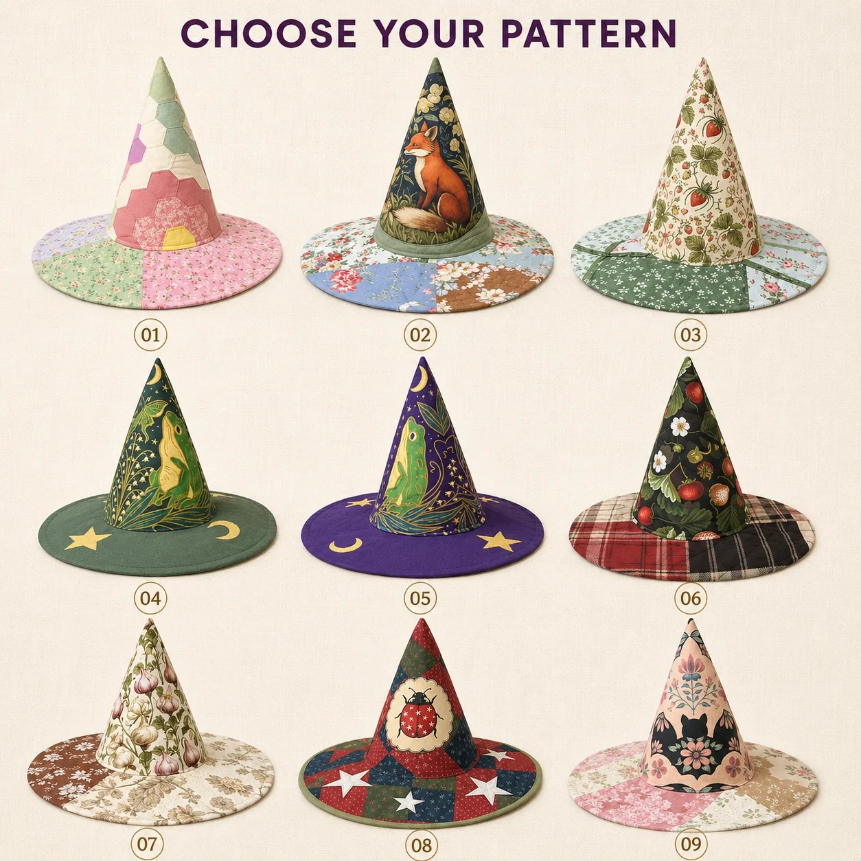 🔥Last Day 49% OFF - 🧙‍♀️ ✨ Quilted Patchwork Witch Hat – Choose Your Magical Pattern