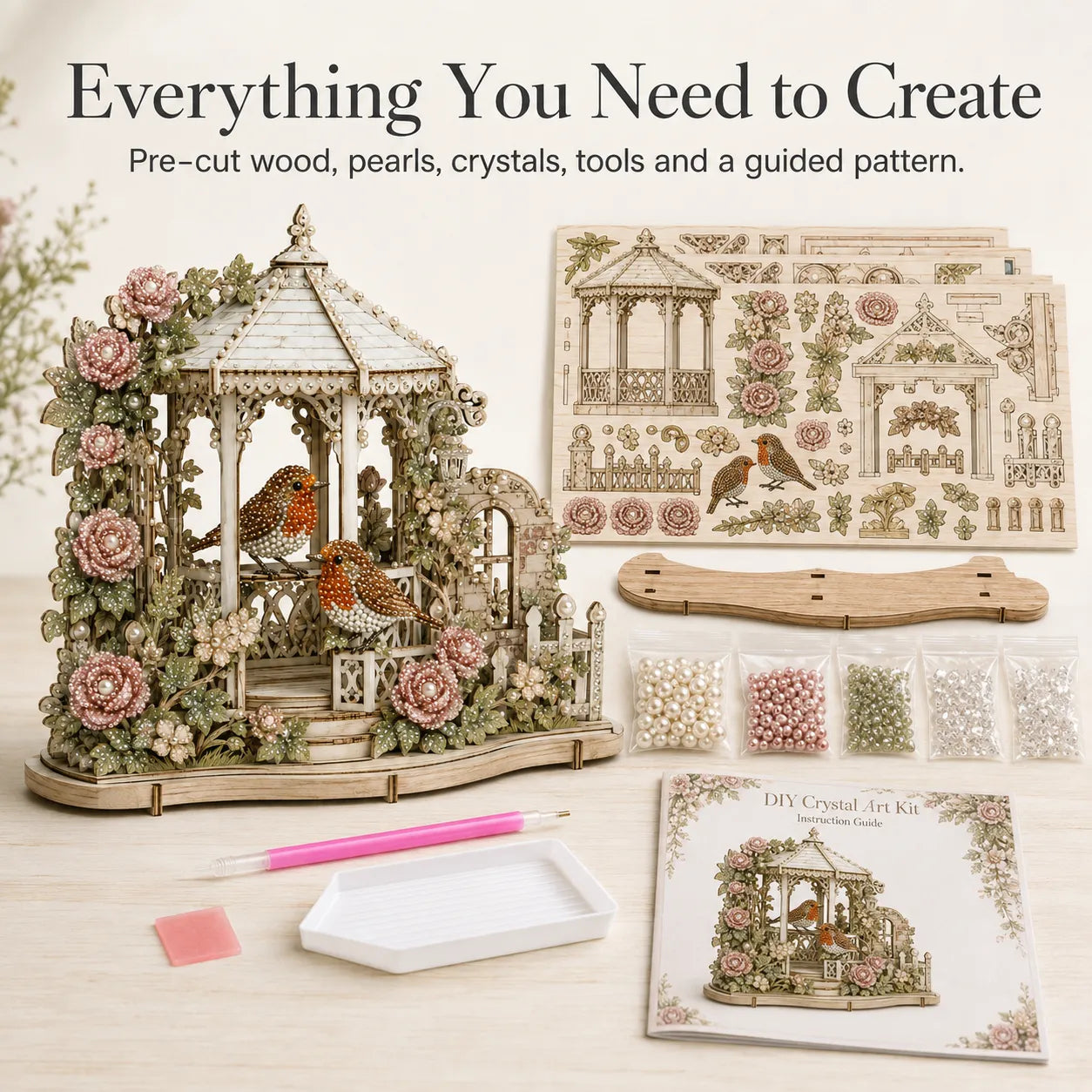 🐦3D Pearl & Diamond Art DIY Kit｜Vintage English Garden Gazebo Wooden Craft Kit