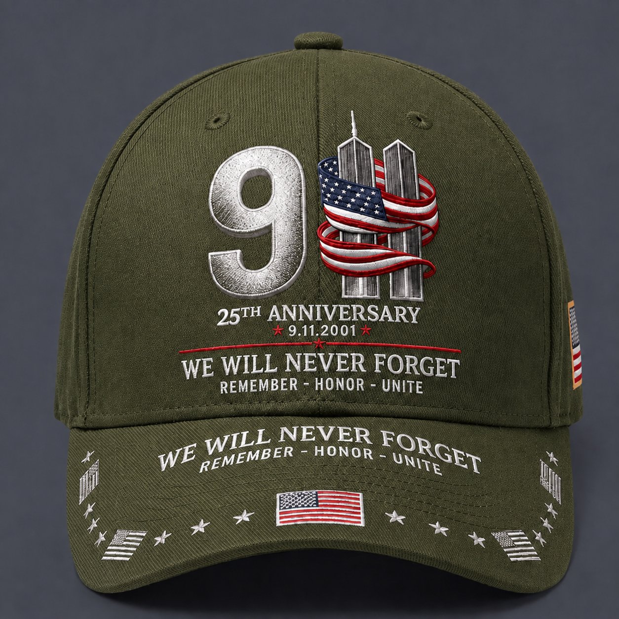 🇺🇸 9/11 25th Anniversary “We Will Never Forget” Memorial Embroidered Cap