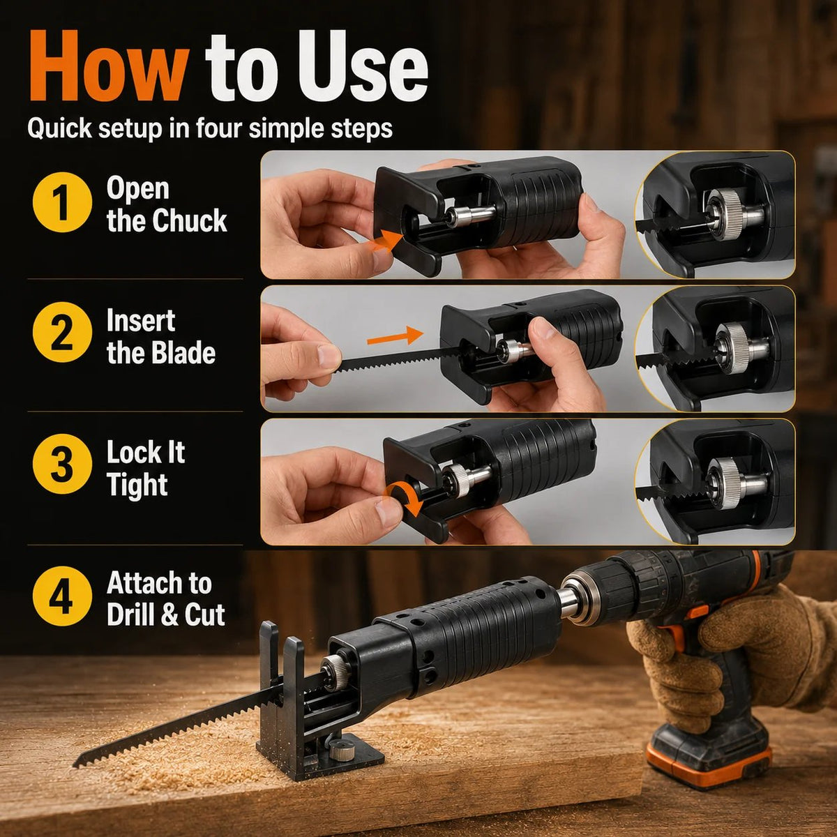 Reciprocating Saw Attachment for Drill