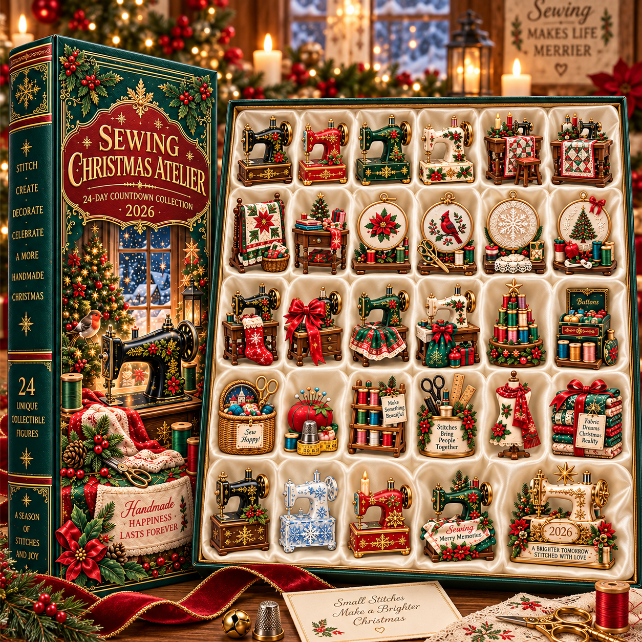 Sewing Christmas Atelier 2026 – 24-Day Countdown Collection with 24 Unique Sewing & Quilting Miniatures, Handmade Holiday Collectible Gift for Sewing Lovers
