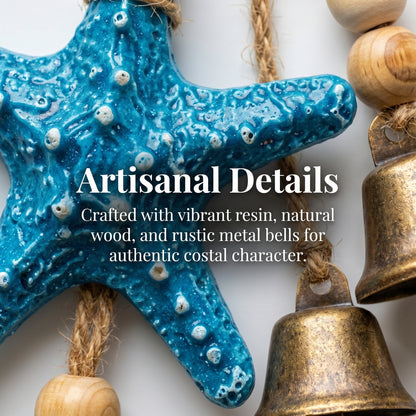 🌊⭐ Seaside Starfish Bell Chime – Rustic Coastal Hanging Decor with Natural Wood Beads