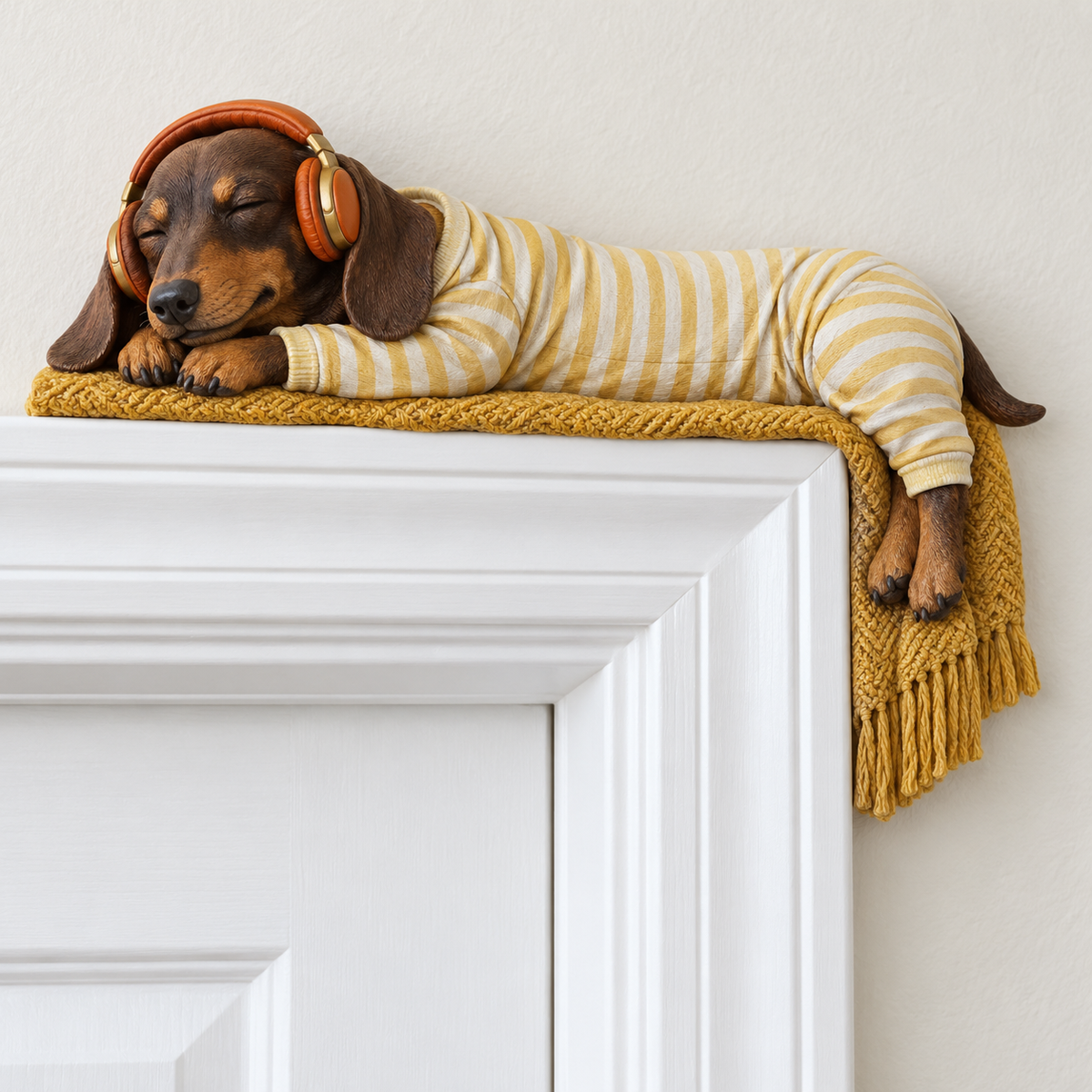 🐶🎧 Cozy Dachshund Doorway Napper – Whimsical Over-Door Accent for Dog Lovers