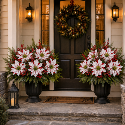 Christmas Poinsettia Planter Inserts – Set of 6 Red & White Holiday Floral Picks