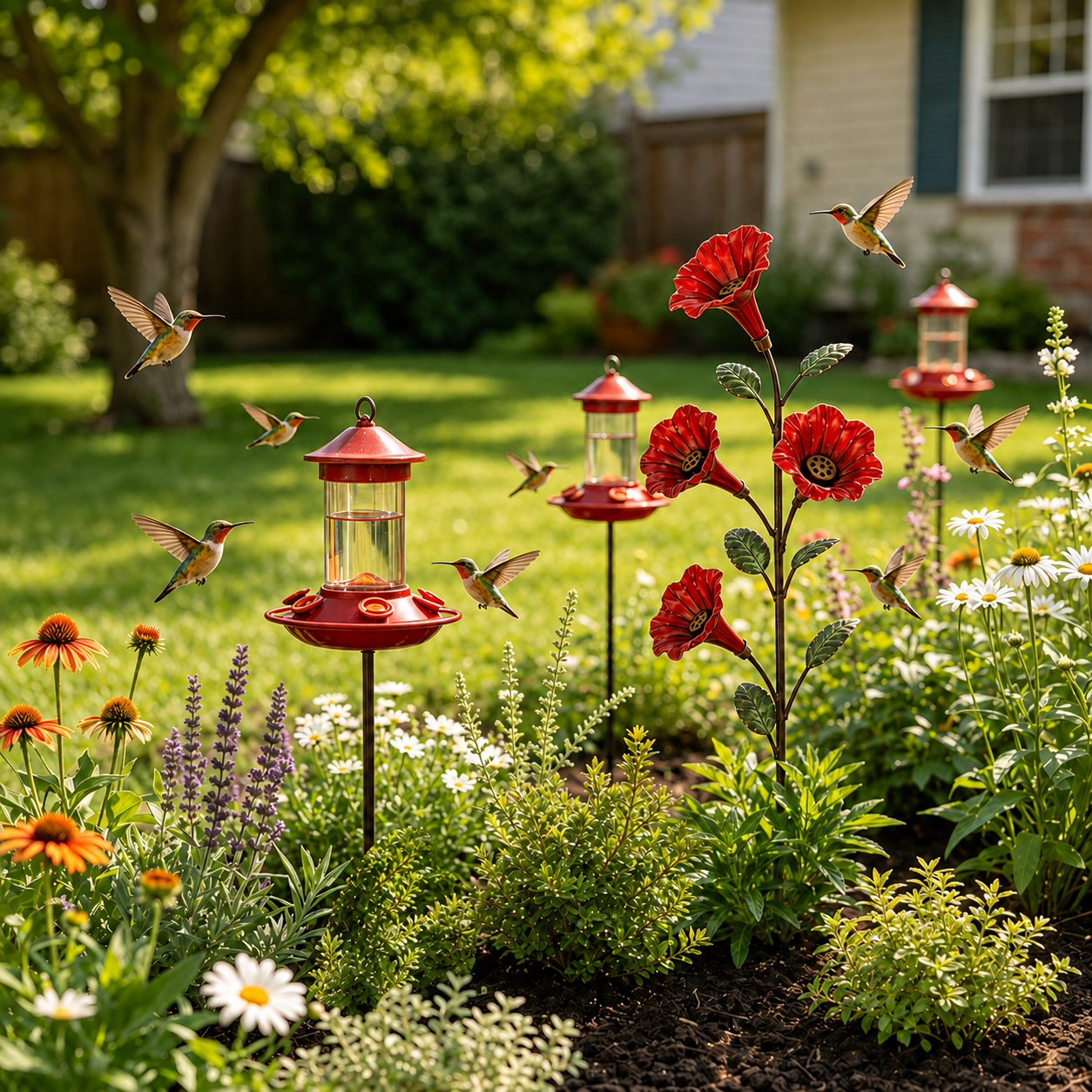 Vintage Red Flower Hummingbird Feeder Garden Stake