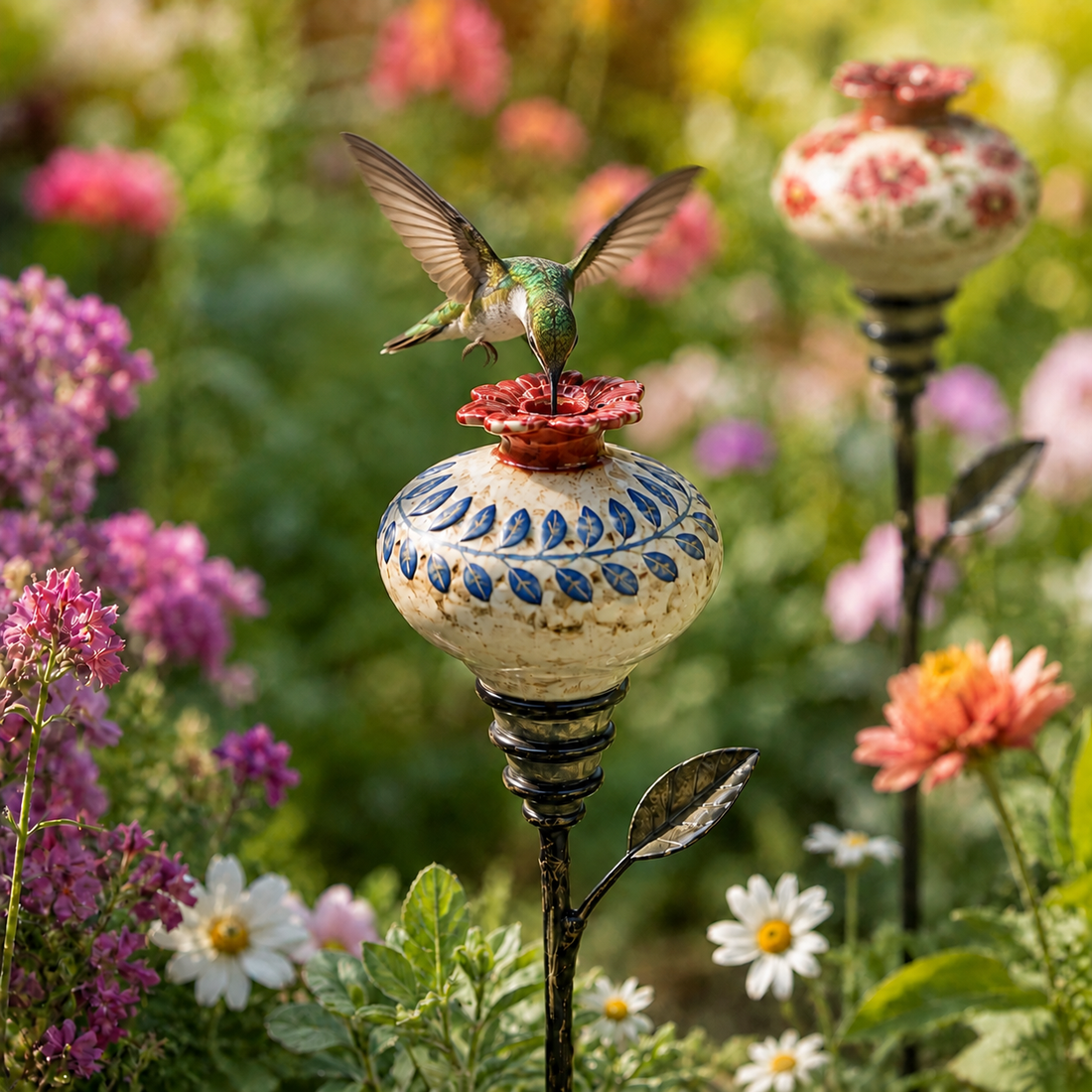 Red floral pattern ceramic hummingbird feeder garden stake
