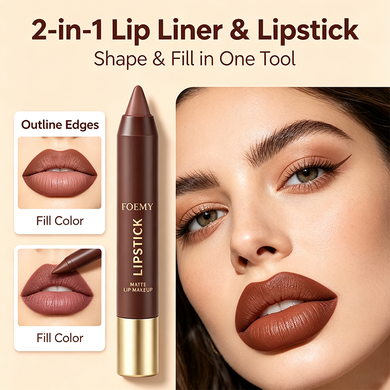 Brown matte lip crayon worn on lips
