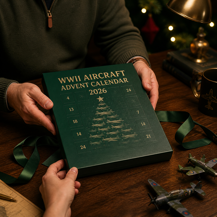 Hand removing miniature aircraft from Advent Calendar