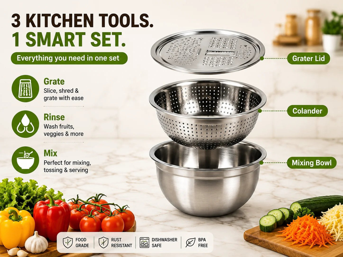🥣✨ 3-in-1 Stainless Steel Kitchen Prep Set – Grater, Colander & Mixing Bowl