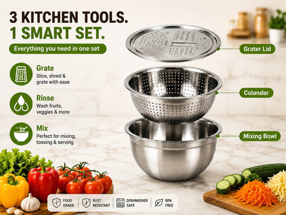 🥣✨ 3-in-1 Stainless Steel Kitchen Prep Set – Grater, Colander & Mixing Bowl