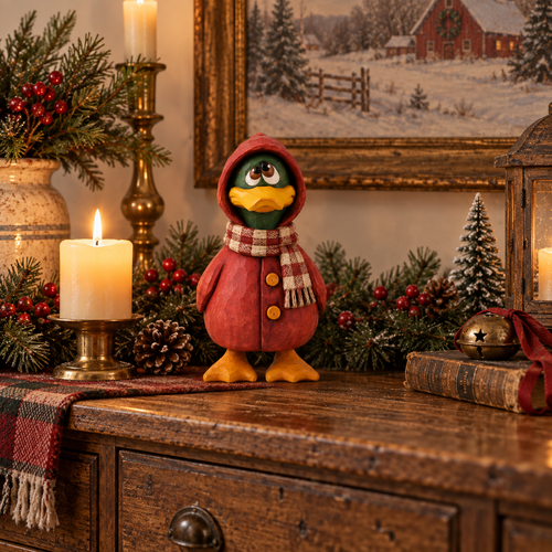 Rustic Wooden Duck Figurine with Scarf, Hand-Painted Farmhouse Animal Decor
