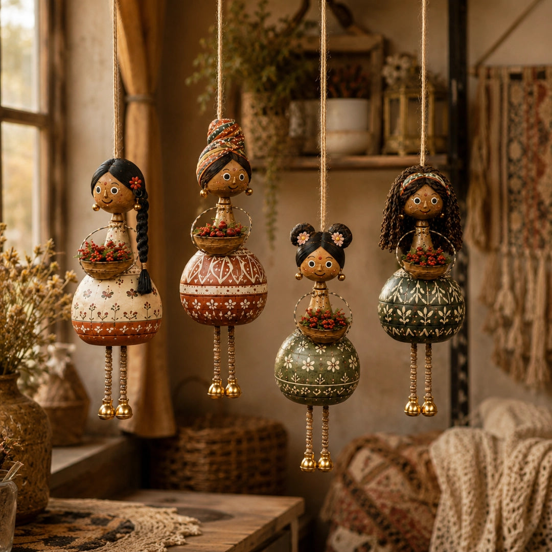 Handcrafted Folk Art Hanging Doll Ornaments – 4-Piece Rotating Decorative Set