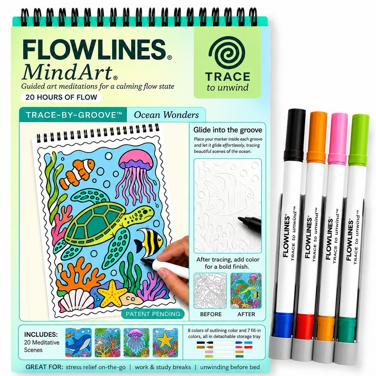 Trace-By-Groove Guided Flow Art Coloring Pad with Double-Sided Markers