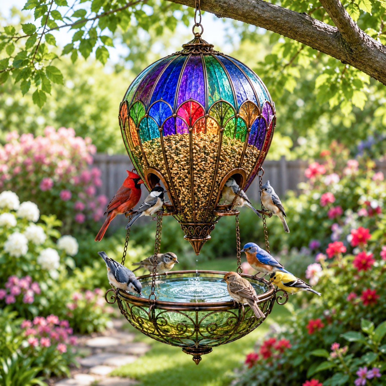 🌈 Stained Glass Hot Air Balloon Bird Feeder Fountain🐦