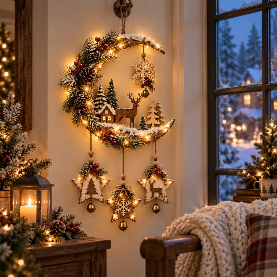 Lighted Rustic Christmas Crescent Moon Wall Decor
