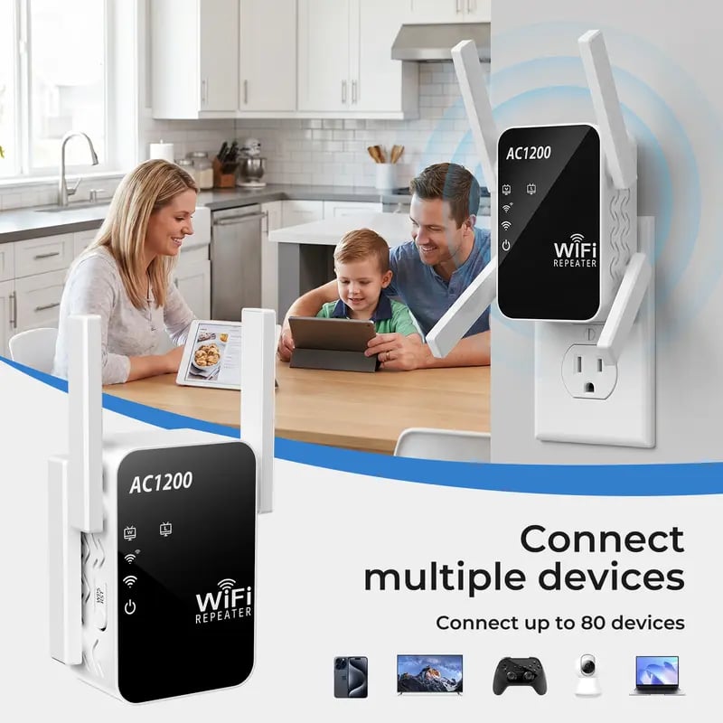💥🏆📡 WERCHTAY Dual-Band WiFi Extender & Signal Booster – 1200Mbps Long-Range WiFi Repeater for Home with 2 Ethernet Ports, Smart Signal Indicator, WPS 1-Tap Setup & Dead Zone Eliminator