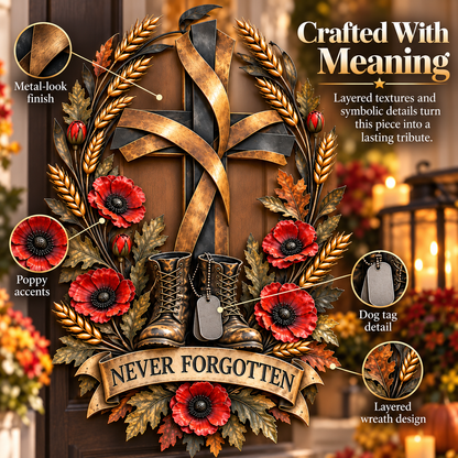Never Forgotten Veterans Memorial Cross Door Hanging – Poppy & Boots Tribute Decor