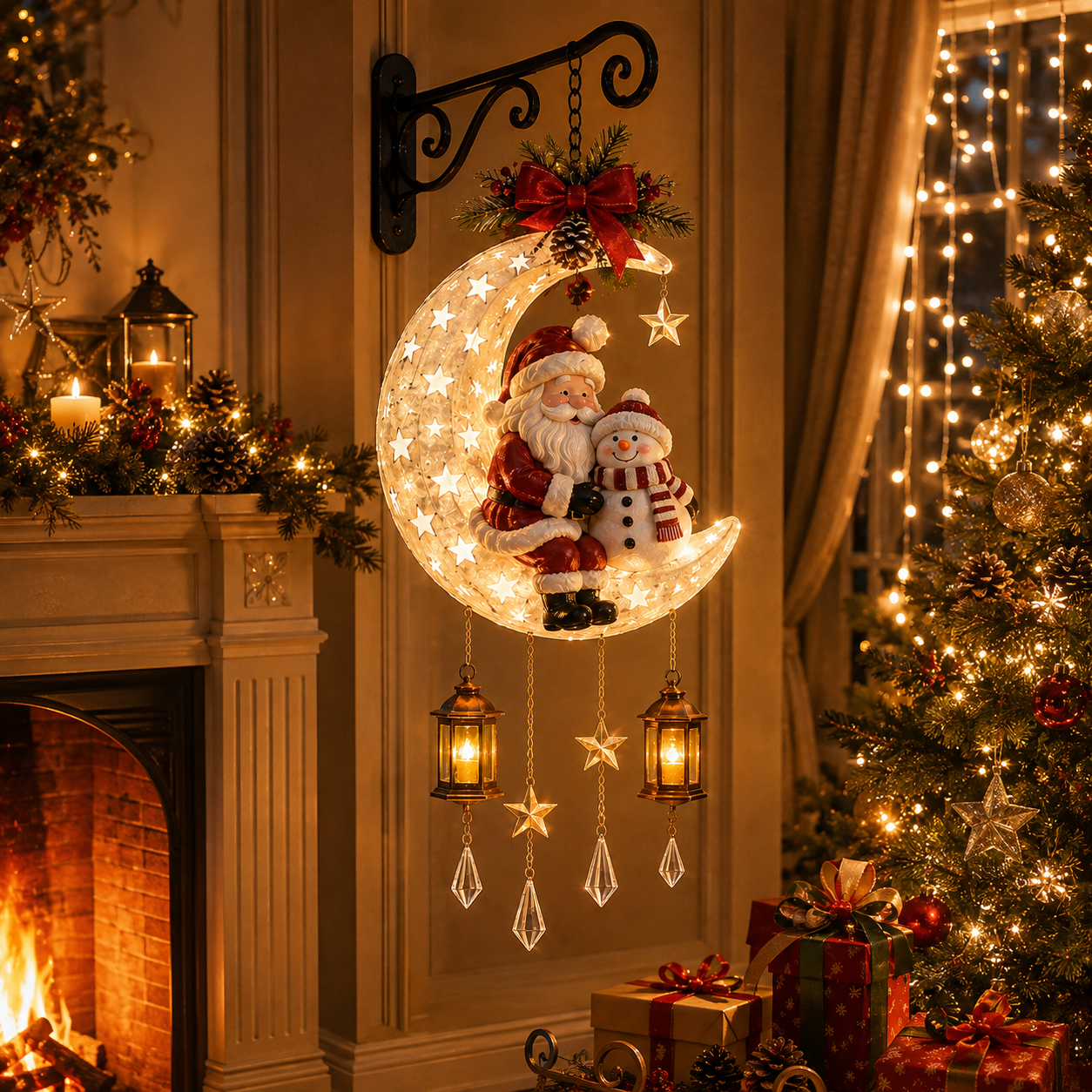 🎄 Lighted Santa &amp; Snowman Crescent Moon Christmas Hanging Decor
