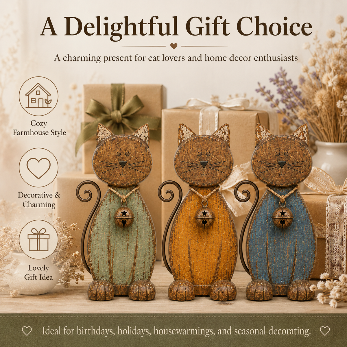 Rustic cat decorations displayed with wrapped gifts