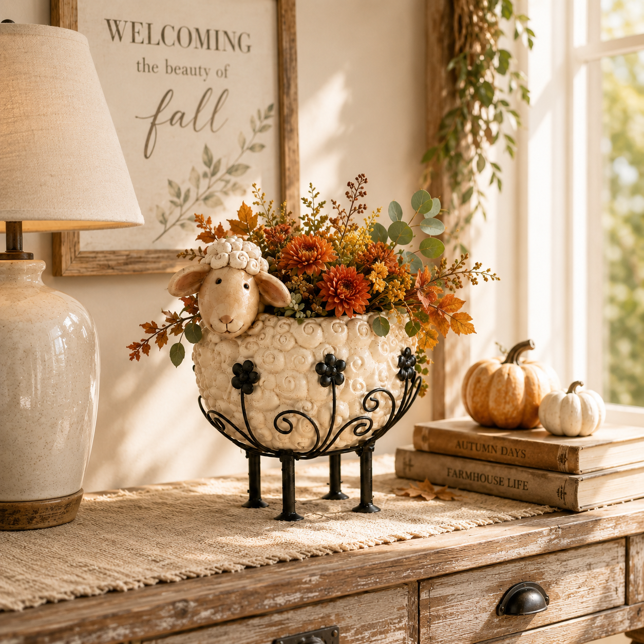 🐑✨Cute Farmhouse Sheep Planter with Iron Stand