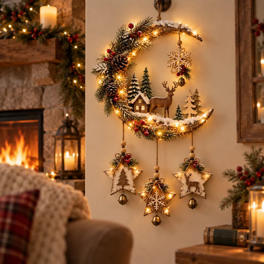 Lighted Rustic Christmas Crescent Moon Wall Decor