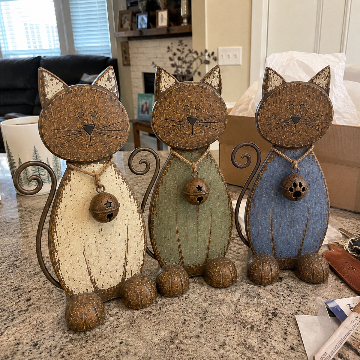 The Little Farmhouse Guardian Cat - Vintage Rustic Metal Cat Decor with Bell Pendant