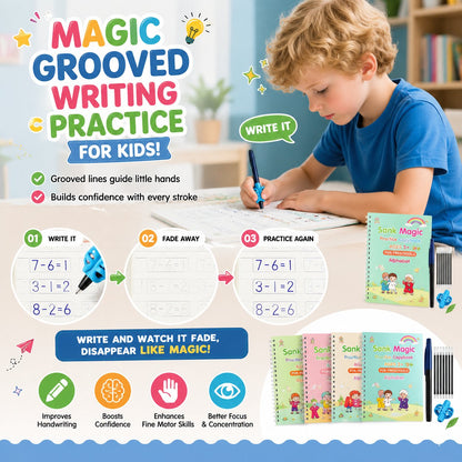 📚 Reusable Kids Handwriting Practice Set – 4 Learning Books with Magic Tracing Pen ✏️✨