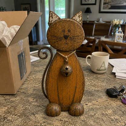 The Little Farmhouse Guardian Cat - Vintage Rustic Metal Cat Decor with Bell Pendant