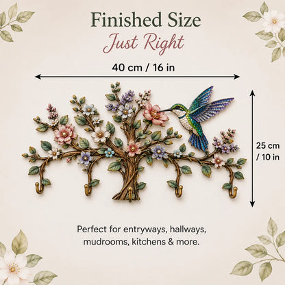 🌿 DIY Hummingbird Tree Wall Organizer Kit | 5‑Hook Wooden Wall Hanger, Botanical Art Decor for Entryway Home Craft Gift