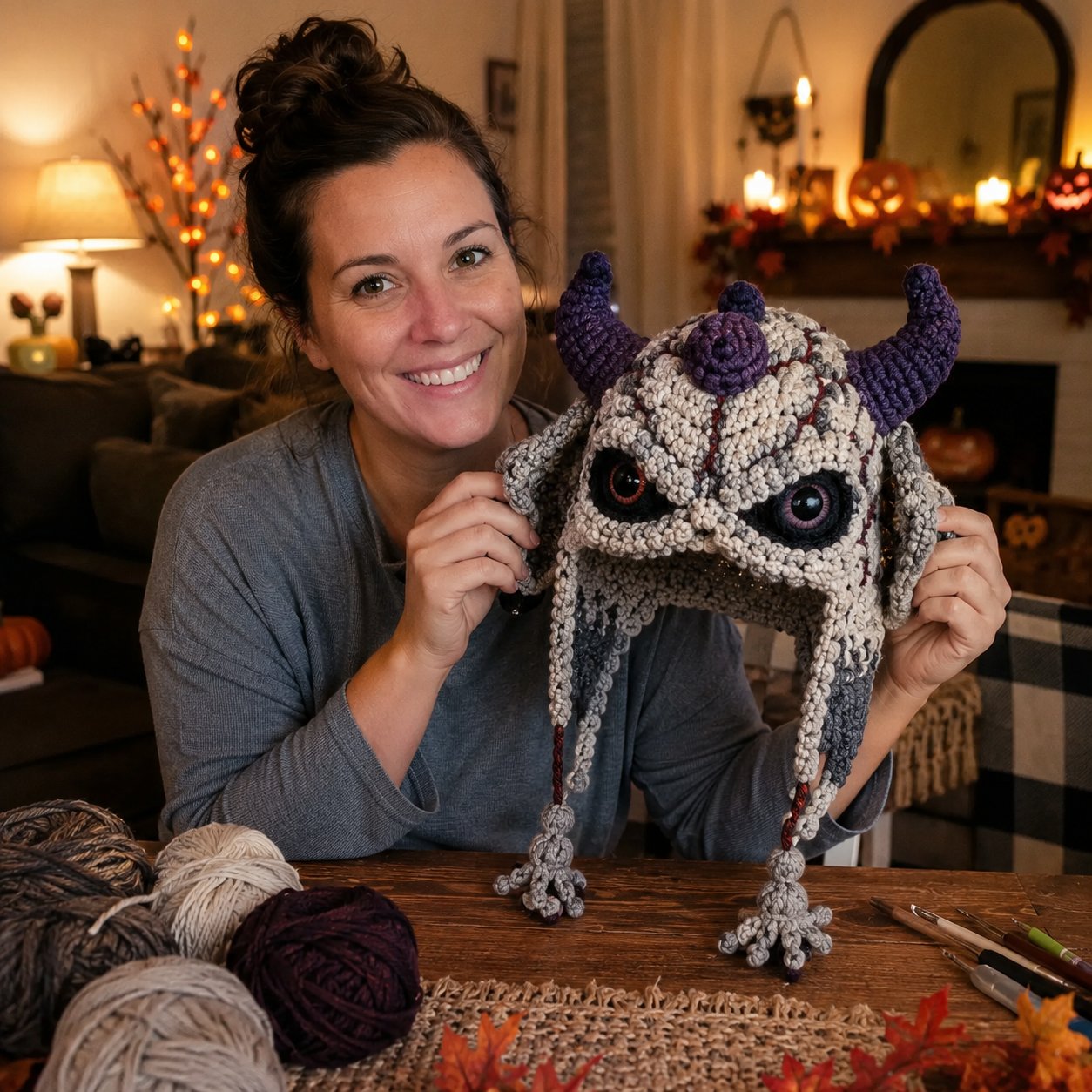 🎭🎃 Halloween Monster Hood DIY Crochet Kit | Premium Soft Yarn Materials with Step-by-Step Guide DIY Handmade Wearable Character Hood 🧶✨
