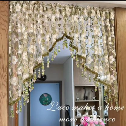 Embroidered Lace Doorway Curtain Set with Beaded Trim – 2 Panels