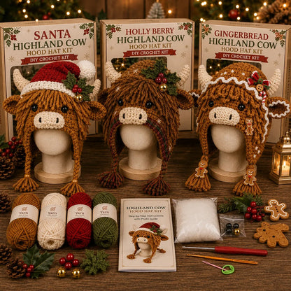 🐮🎄 Christmas Highland Cow Hood Hat DIY Crochet Kit – Make It, Wear It & Love It